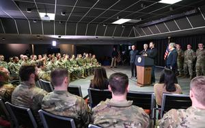 Vice President JD Vance holds an all call with Guardians and Airmen stationed at Pituffik Space Base, Greenland, March 28, 2025. During his visit, Vance addressed the service members’ importance in supporting the U.S. military’s northernmost installation and thanked them for their endurance in manning the remote station vital to national defense. (U.S. Space Force photo by Staff Sgt. Jaime Sanchez)